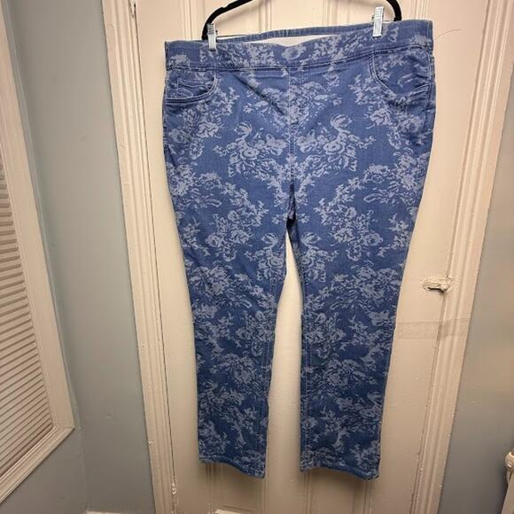 QVC Denim & Company Jeans Womens 2X Blue Floral Pull On Jegging Stretch NWOT - Picture 1 of 9